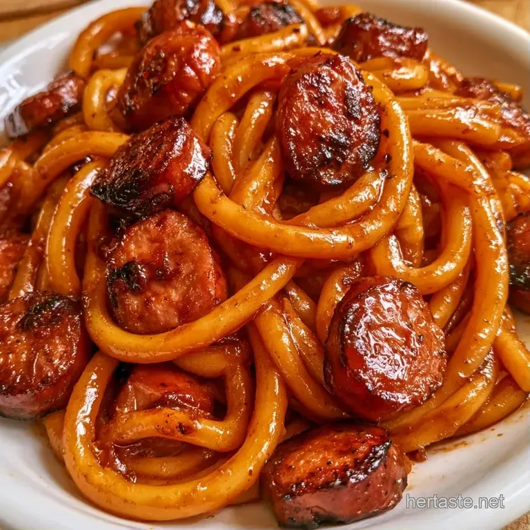 Elegant swirl of thick pasta and sliced sausage topped with fresh green parsley in a shallow ceramic bowl