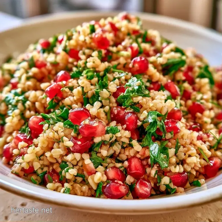 Glistening grains of wheat mixed with juicy red pomegranate seeds and fresh mint on a minimal white plate.