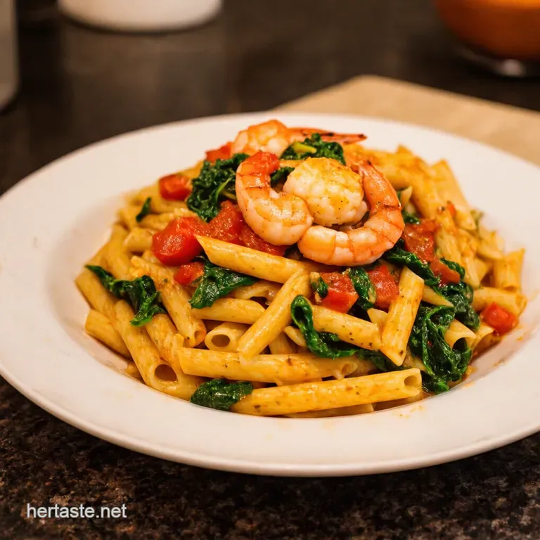 Bursting Tomato Spinach Garlic Shrimp Pasta presentation