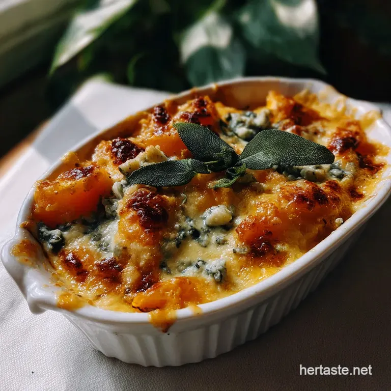 Elegant plate with layered butternut squash, creamy sauce, and melted blue cheese. Garnished with fresh sage. A beautifull...