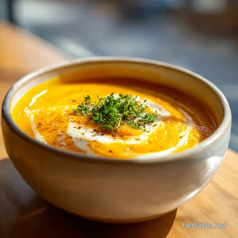 Elegant butternut squash soup served in a shallow bowl, drizzled with olive oil and garnished with microgreens for a pop o...