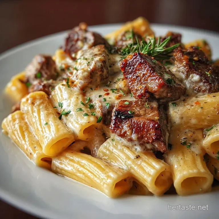Perfectly plated cheesy rigatoni with juicy steak tips. Garnished with herbs. Comfort food elegance.