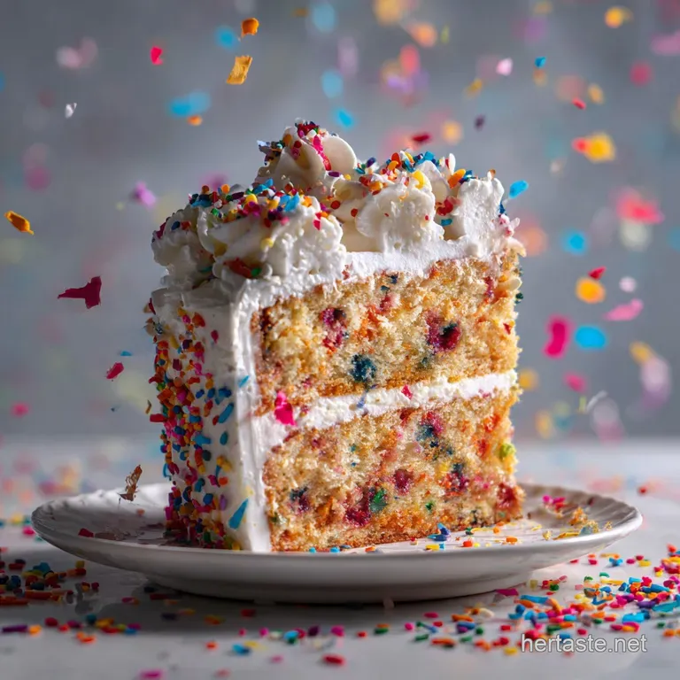 A slice of cake within a cake reveals fluffy yellow interior embraced by rich, dark chocolate. Dollops of whipped cream ad...