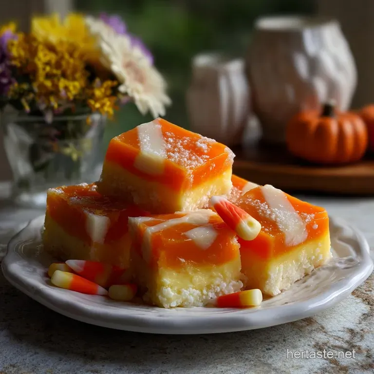 Elegant fudge slice on a decorative plate, highlighting the smooth texture and festive candy corn colors. A delightful des...