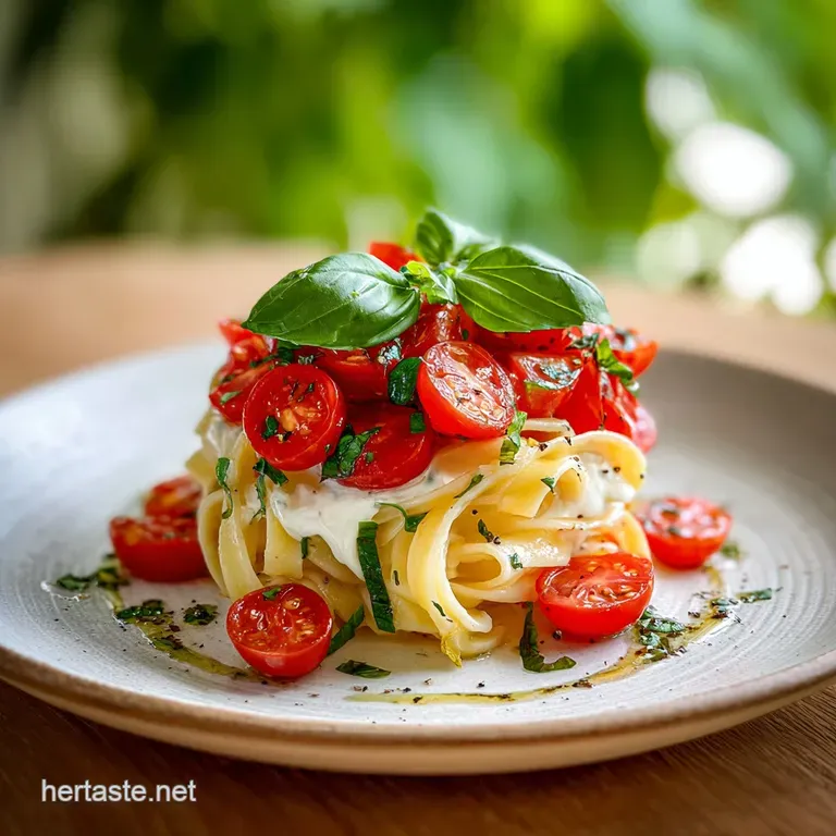 A bright, inviting Caprese pasta salad plated with care; colorful spirals and fresh basil highlight a light, refreshing meal.
