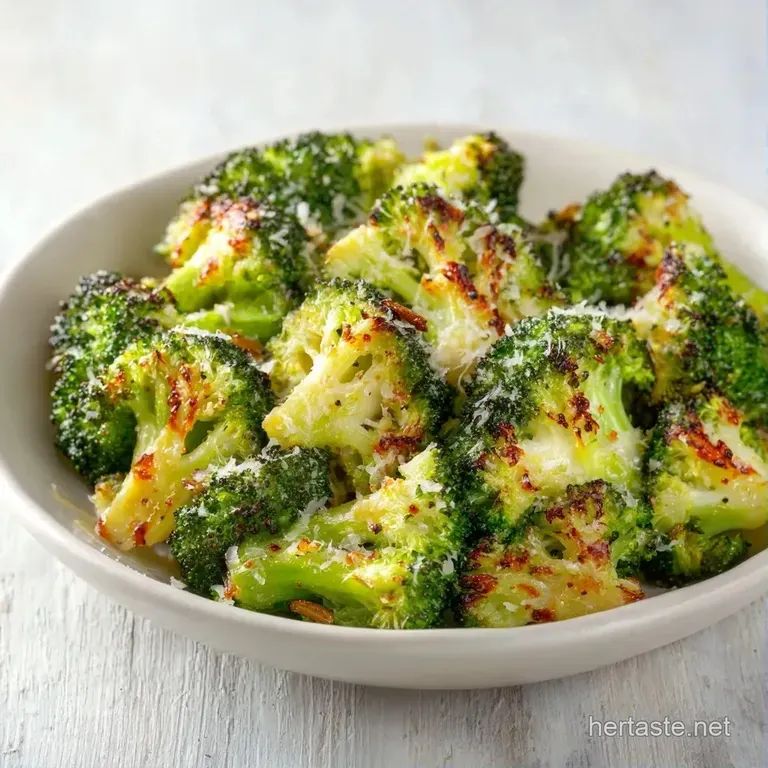 Charred green broccoli florets topped with melted gold cheese on a white plate, garnished with minced garlic.