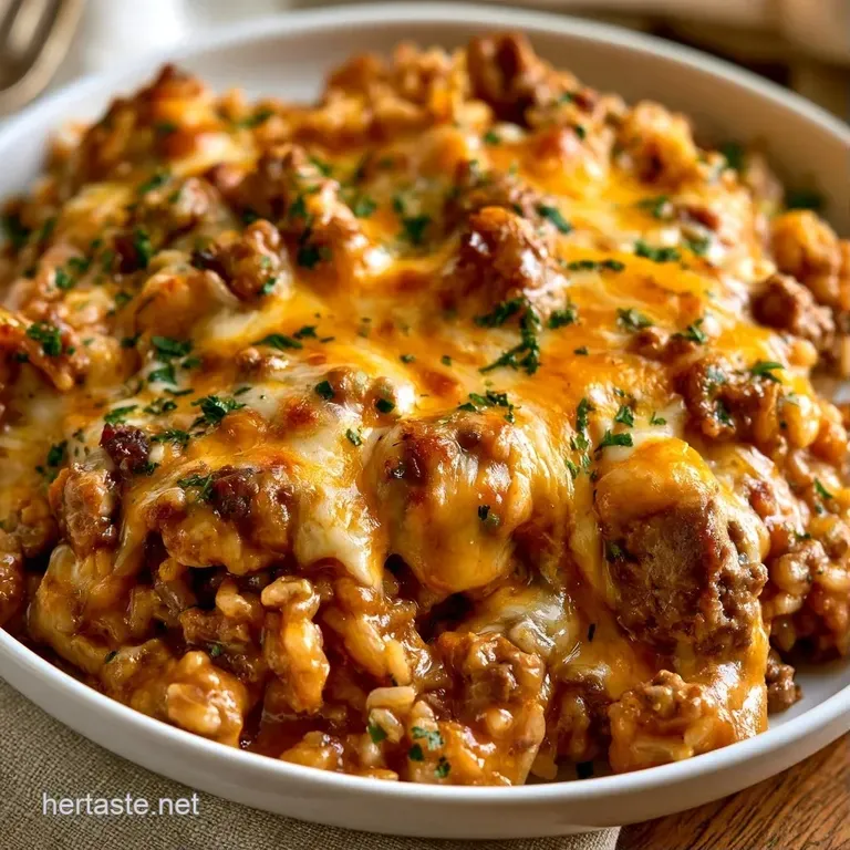 Savory browned beef topped with a layer of melted cheese, served on a white plate with a sprinkle of fresh parsley.