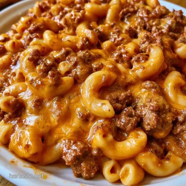 A white bowl of cheesy pasta with browned beef, topped with sliced green onions and served with a side of garlic toast.