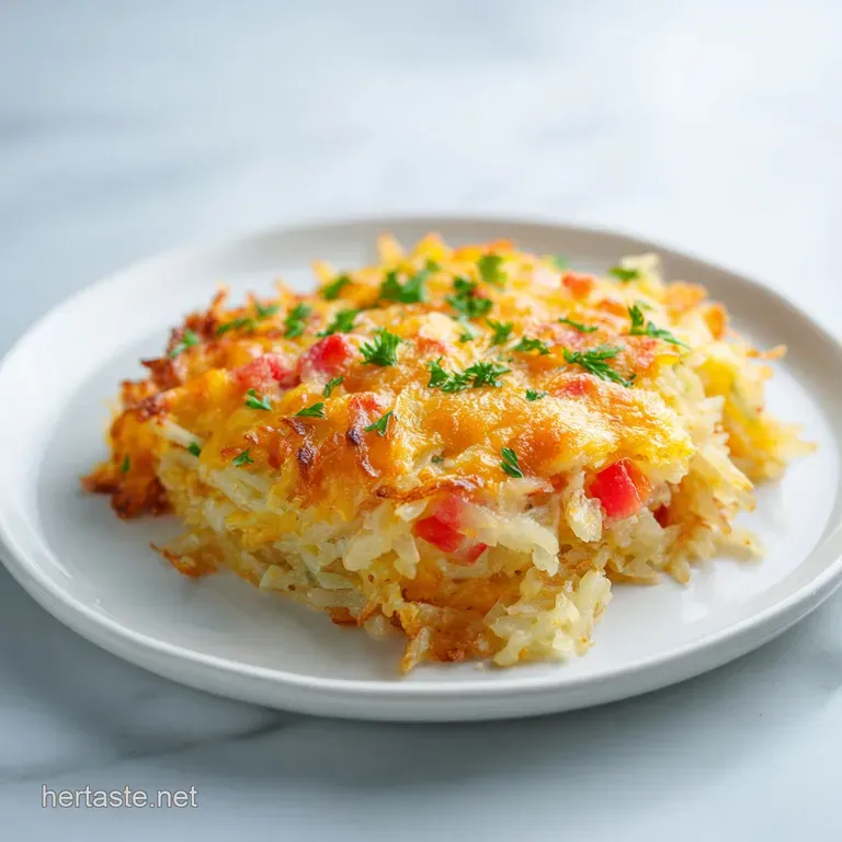 A serving of golden hashbrown casserole with a crisp crust, garnished with fresh herbs.