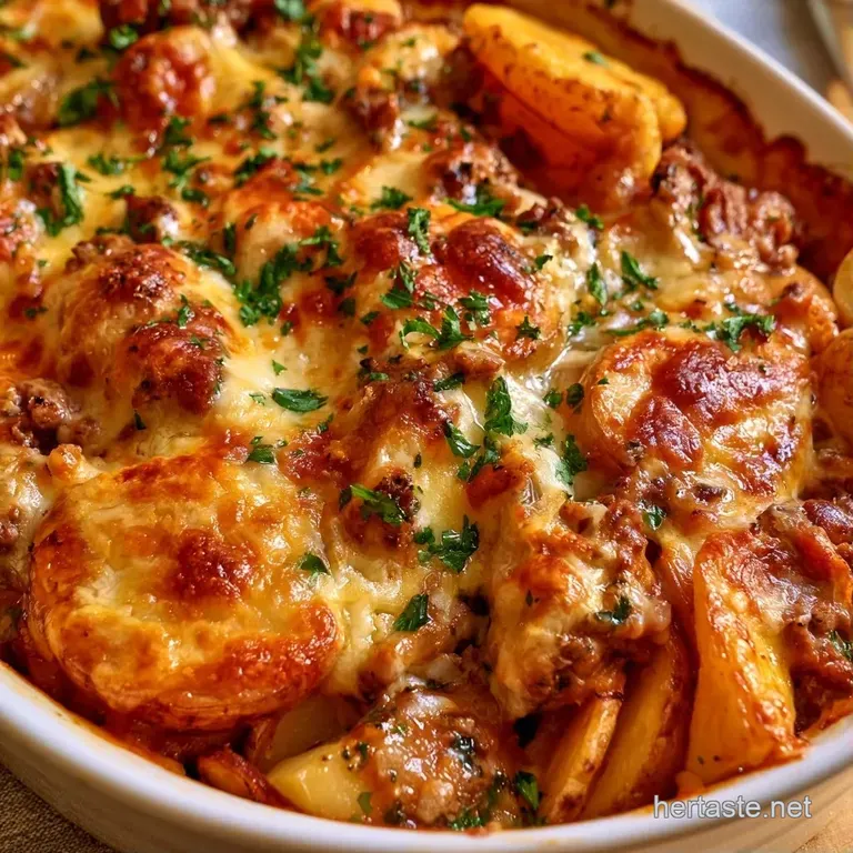 A neat slice of golden potato and savory beef casserole on a white ceramic plate, garnished with fresh herbs.