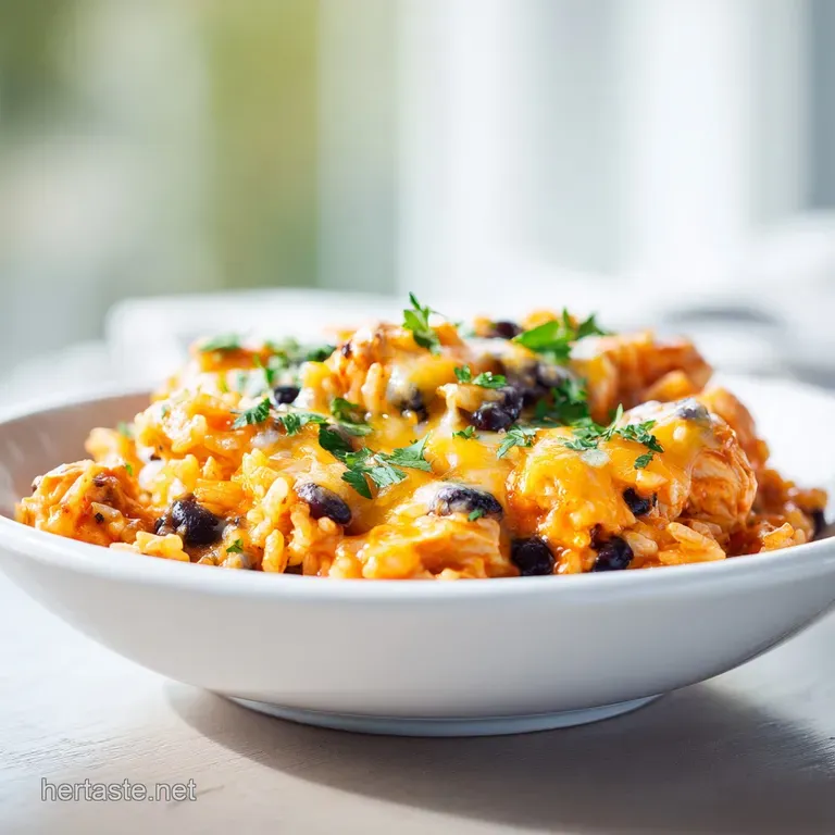 A spoonful of cheesy chicken and rice with visible herbs, plated in a white bowl. Vibrant, saucy and inviting comfort food.