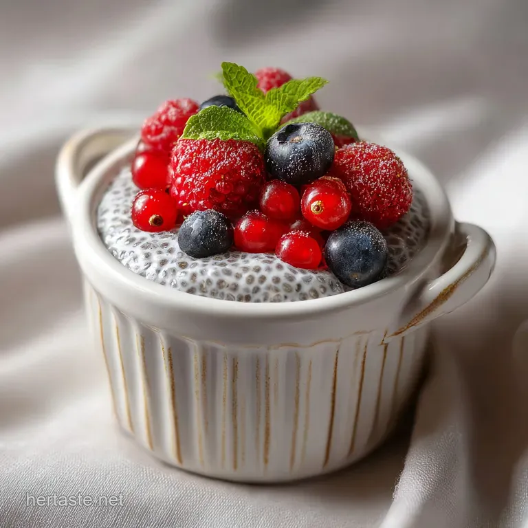 Individual ramekins of fluffy chia pudding, topped with swirls of berry compote and a dusting of cocoa. Focus on texture.