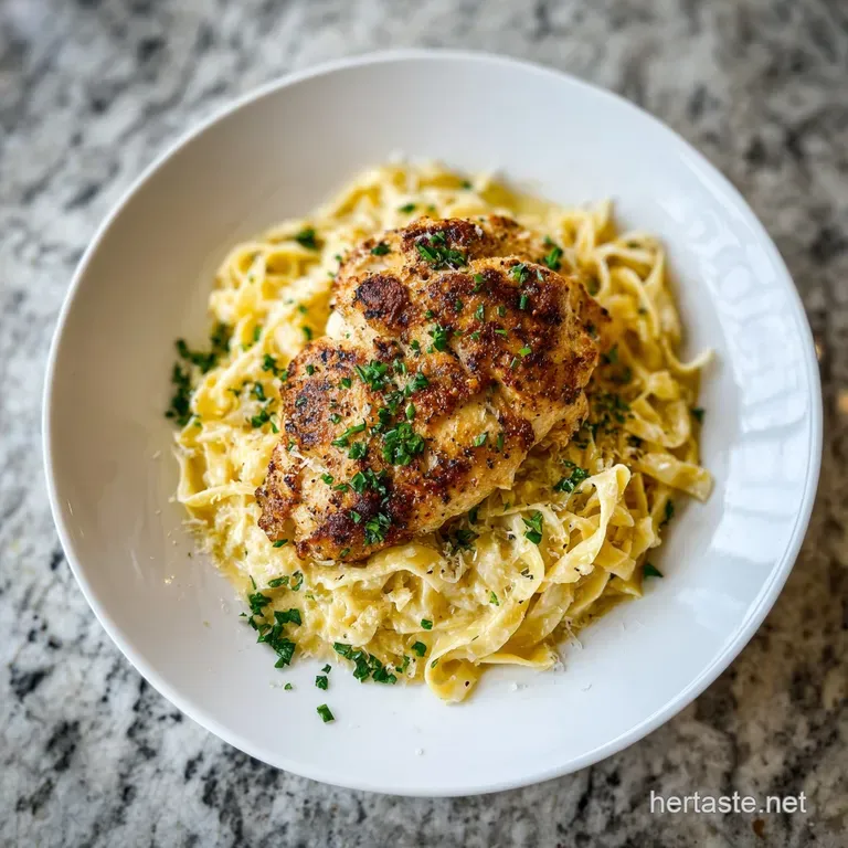 Buttered noodles and chicken artfully arranged on a white plate, steam rising, garnished with parsley, creating an invitin...