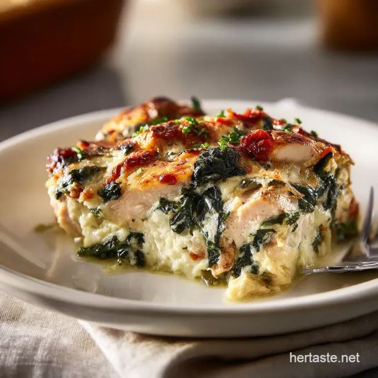 A comforting portion of baked chicken and spinach casserole, showcasing its creamy texture and savory aroma.