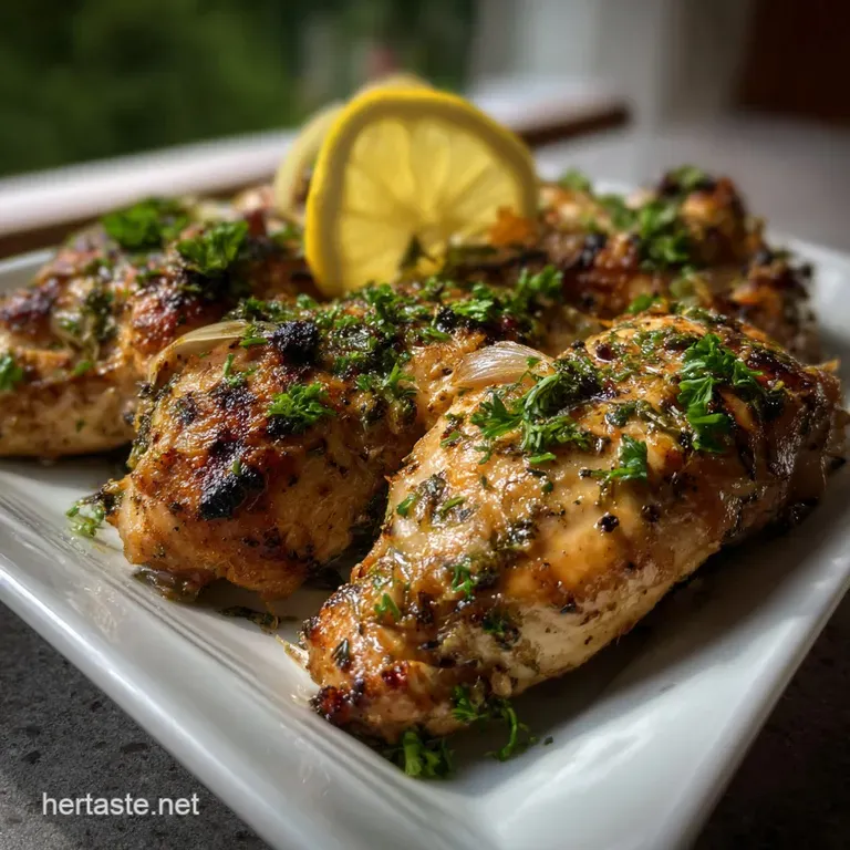 Perfectly charred chicken piece on a white plate. Bright lemon slices and herbs provide vibrant color contrast. Ready to eat!