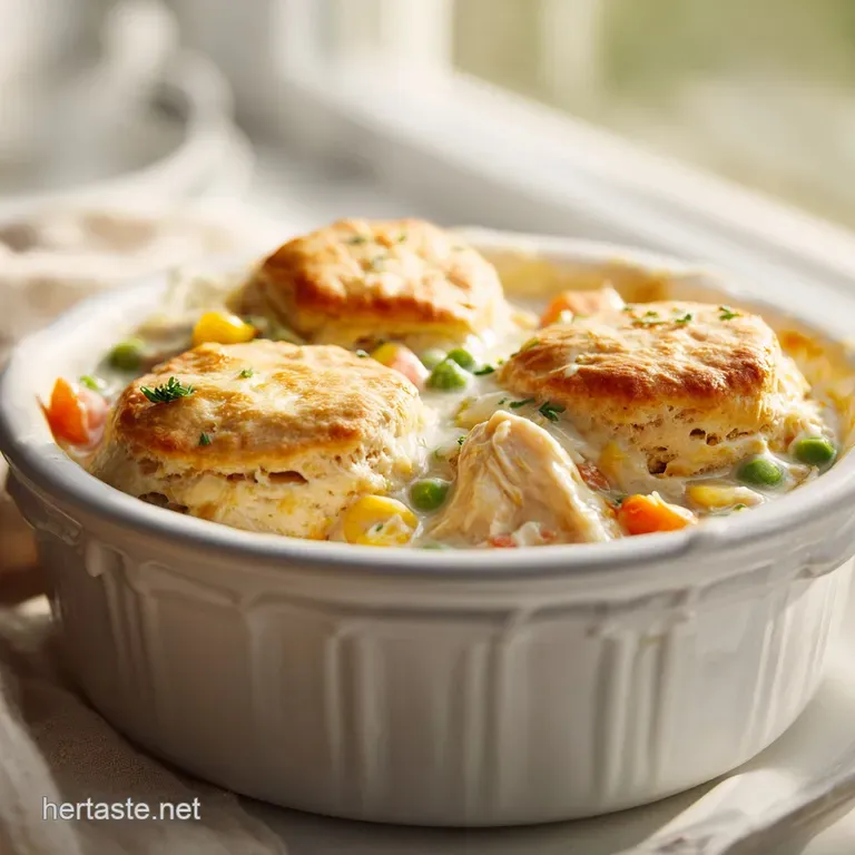 A comforting scoop of creamy chicken and vegetable filling topped with a golden biscuit, presented elegantly.