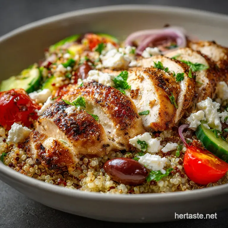 Perfectly grilled chicken slices atop a bed of quinoa, avocado, and colorful vegetables, glistening with a light vinaigret...