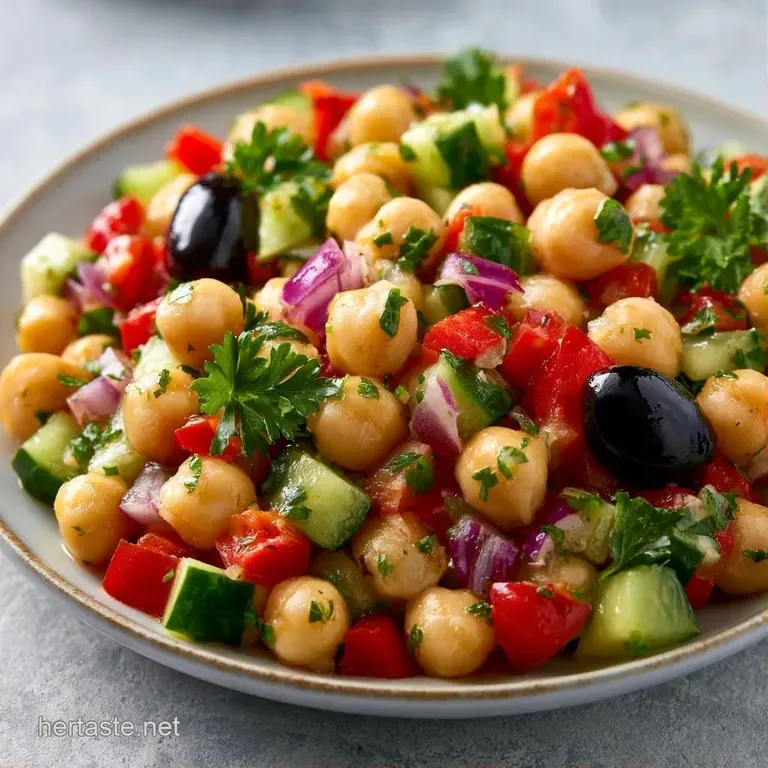 A bright medley of chickpeas, diced red peppers, and fresh herbs served in a white ceramic bowl with a lemon wedge.