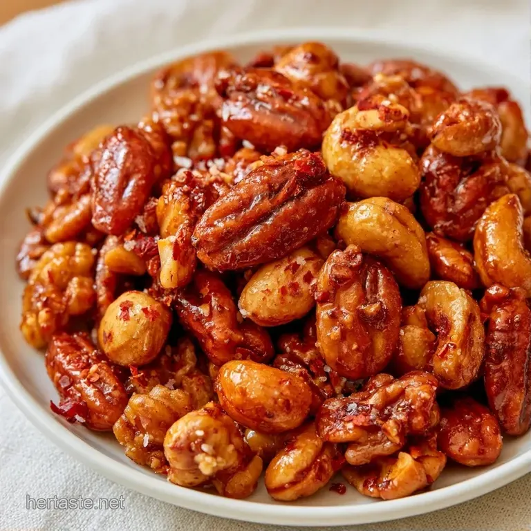 A heap of glossy, spice-rubbed nuts and bright pomegranate seeds arranged elegantly on a minimalist white platter.