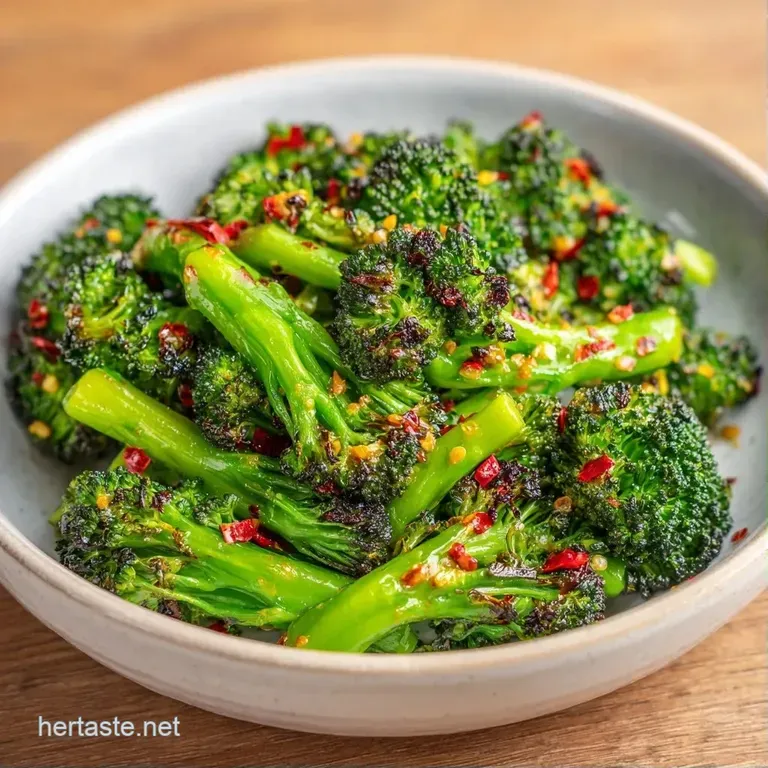 Roasted green broccoli florets with red pepper flakes and a lemon wedge served on a minimalist white ceramic plate.