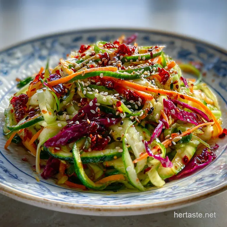 Vibrant Chinese salad elegantly plated: contrasting textures, sesame seeds sprinkled, showcasing a light, glistening dress...