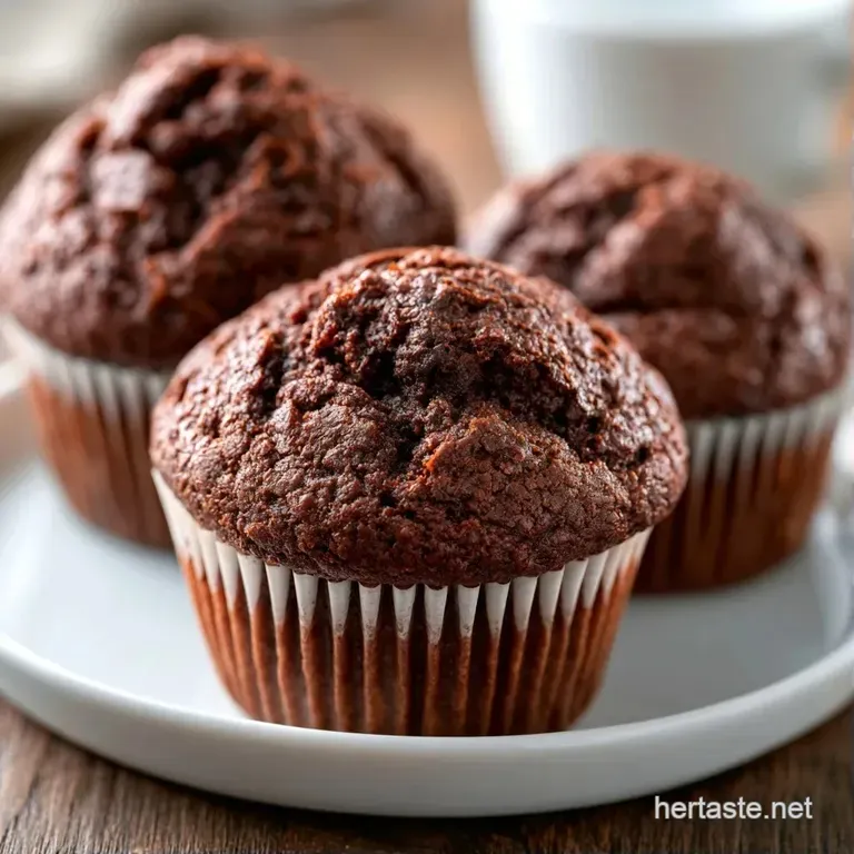 A stack of moist chocolate muffins on a white ceramic plate, paired with fresh berries and a linen napkin.