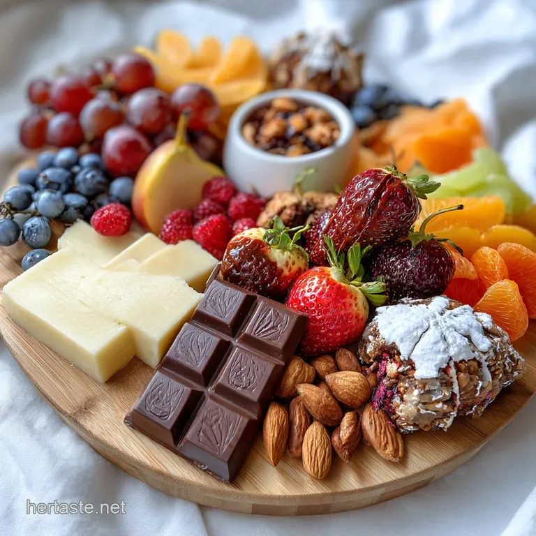 Elegant Valentine's chocolate board with artful arrangement of fresh fruit, chocolate squares, and pretty pink and red can...