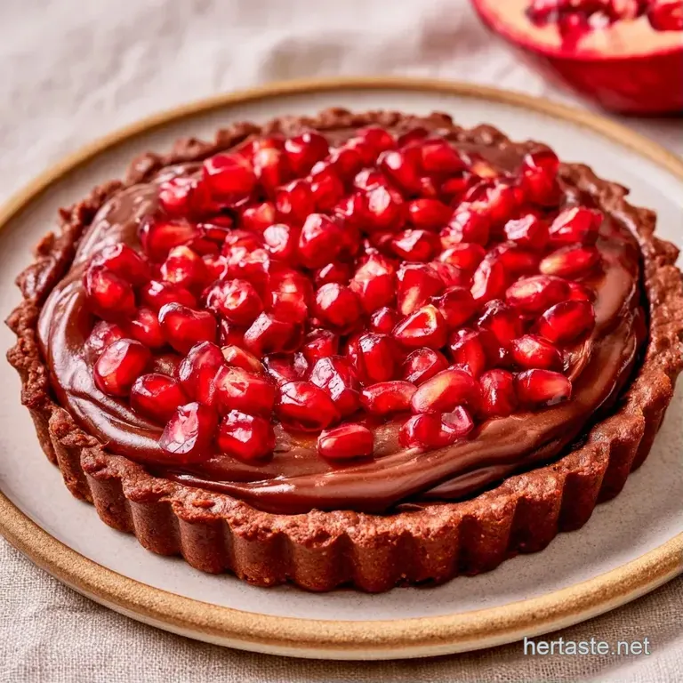 A sleek glass dish showing layers of dark chocolate cream and bright red pomegranate seeds on a white marble table.