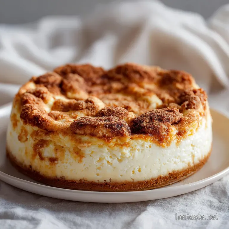 A rich slice of cinnamon swirl cheesecake on a white plate, topped with a dollop of whipped cream.
