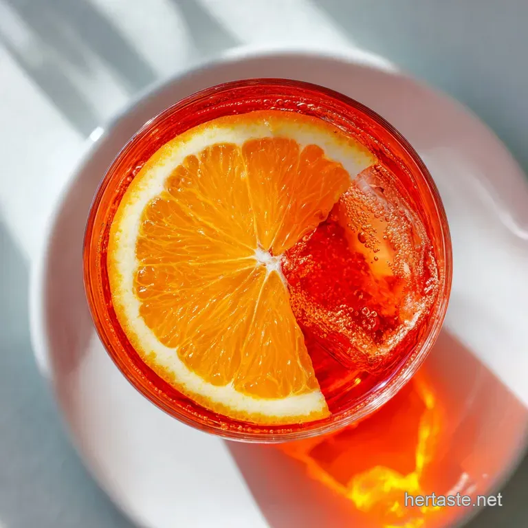 Elegant Aperol Spritz cocktail with a bright orange hue, garnished with a fresh orange slice, bubbles rising in a slender ...