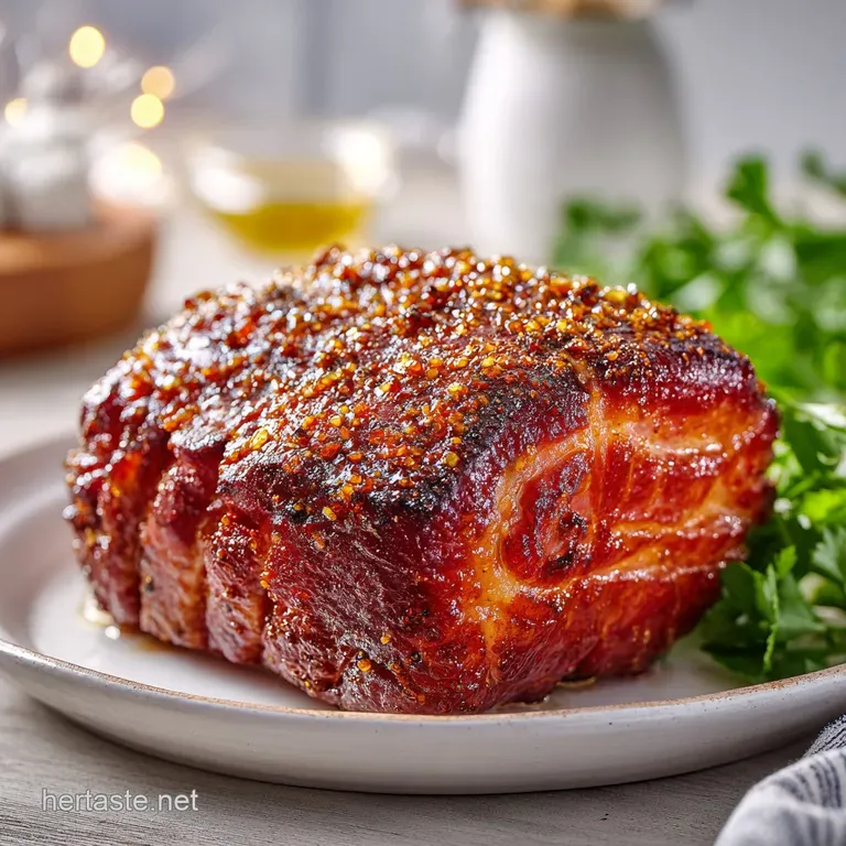 A thick, tender slice of glazed ham served with vibrant cranberry sauce and fresh rosemary sprigs.