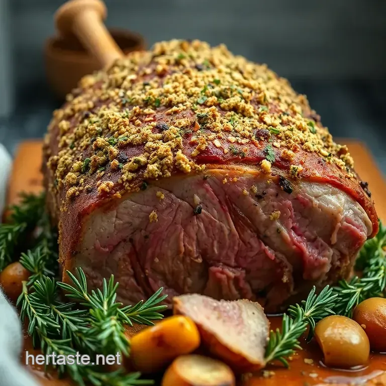 Classic Herb-Crusted Roast Lamb with Roasted Root Vegetables presentation