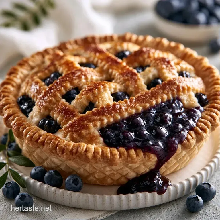 A slice of flaky pastry with deep violet berries, topped with a dollop of whipped cream on a white ceramic plate.