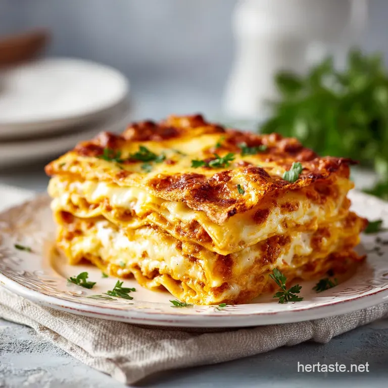 A rustic slice of hearty lasagna with layers of pasta, meat, and cheese on a white plate.
