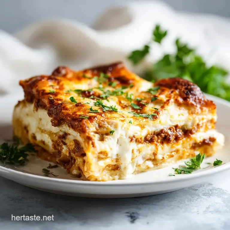 A generous slice of golden-crusted lasagna, revealing layers of rich meat sauce and creamy cheese, served with a sprinkle ...