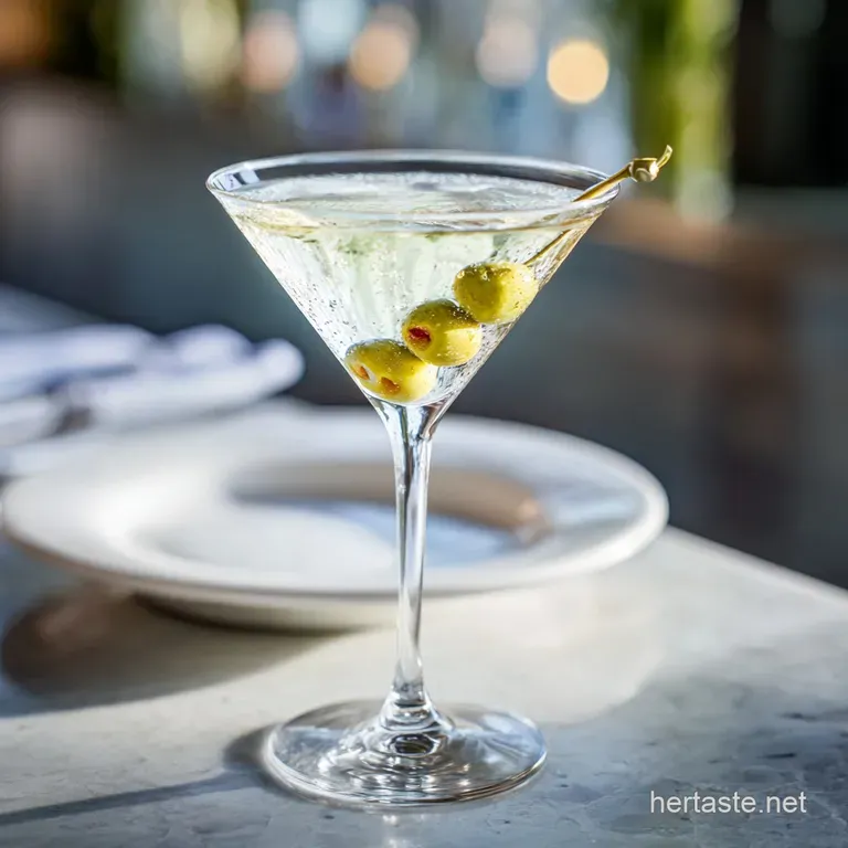 Chilled martini in a sleek glass, elegantly garnished with a vibrant green olive on a decorative silver cocktail pick.
