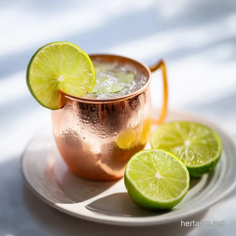 Icy Moscow Mule cocktail in a copper mug, with a lime wedge, mint sprig, and a candied ginger piece. Bubbles rising to the...