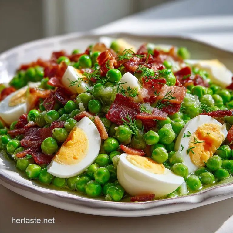 Elegant scoop of pea salad on lettuce cup. Speckled bacon and red onion provide beautiful color contrast against the cream...