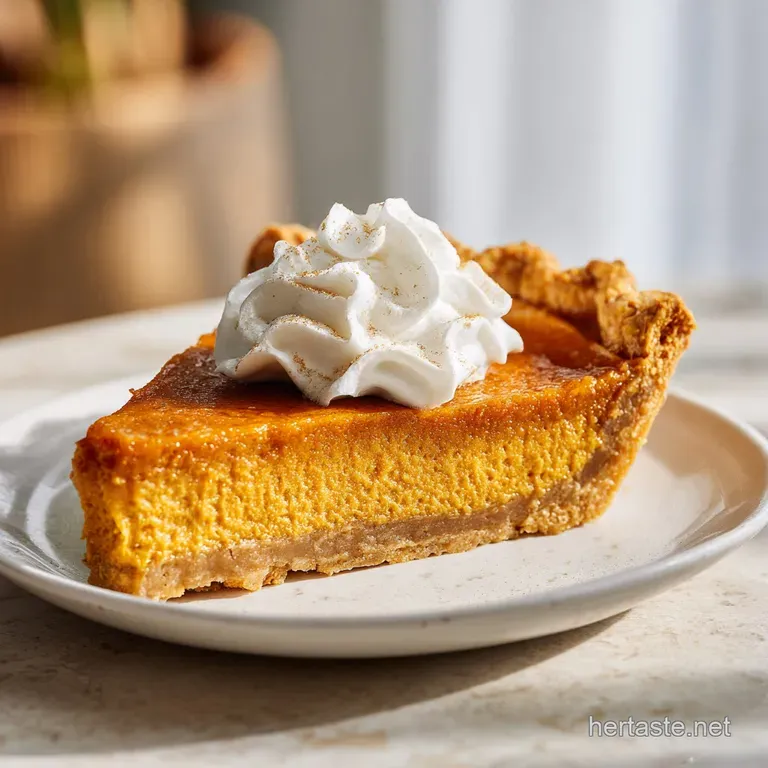 A single slice of rich pumpkin pie on a white plate, topped with fluffy whipped cream.