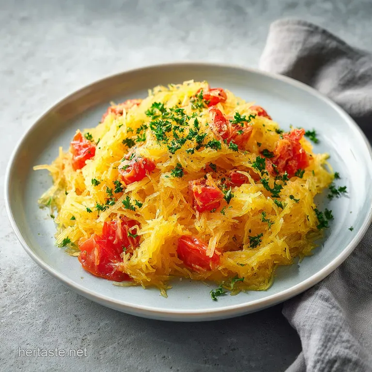 Neat mound of glistening spaghetti squash strands on a white plate, drizzled with sauce and sprinkled with fresh parsley.