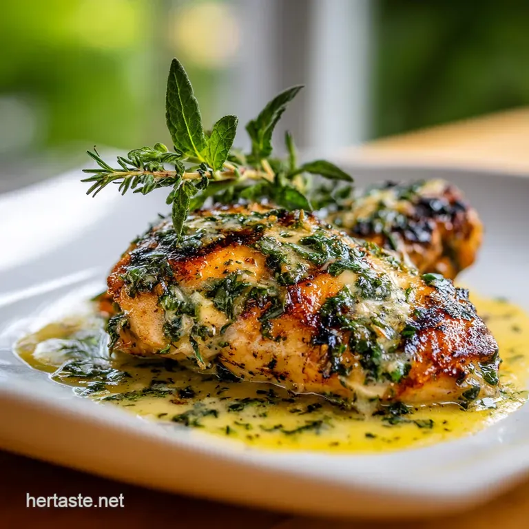 Juicy chicken breast drizzled with a vibrant, herbaceous butter, served alongside creamy mashed potatoes and steamed aspar...