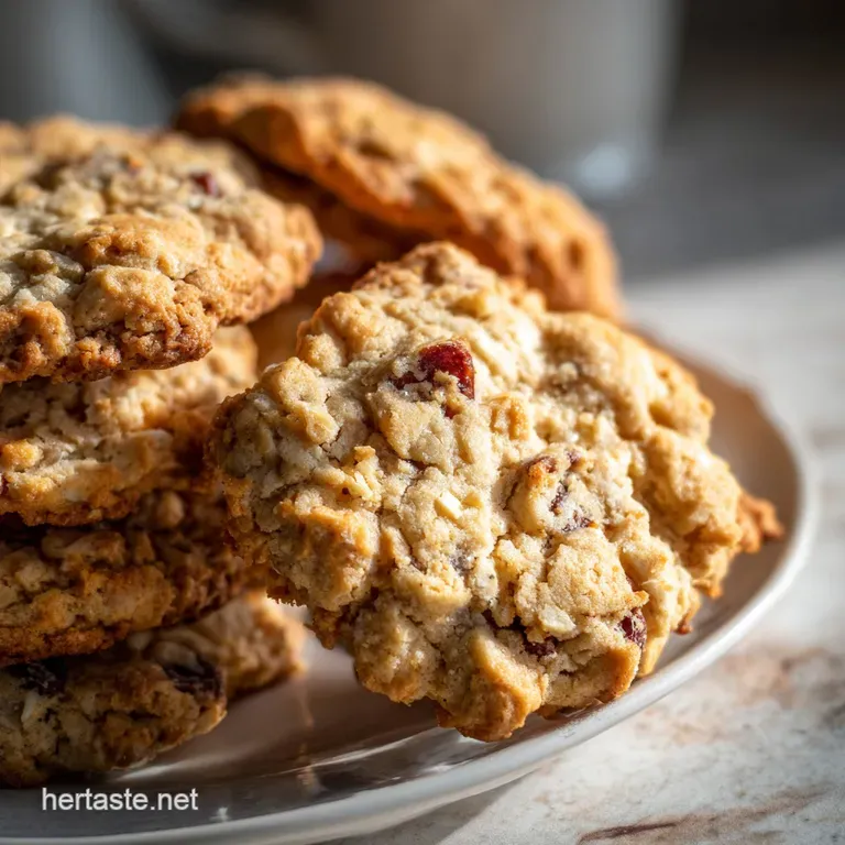 Stacked cowboy cookies display chewy textures, with visible chocolate melts. Oats and pecans add a rustic, wholesome appeal.