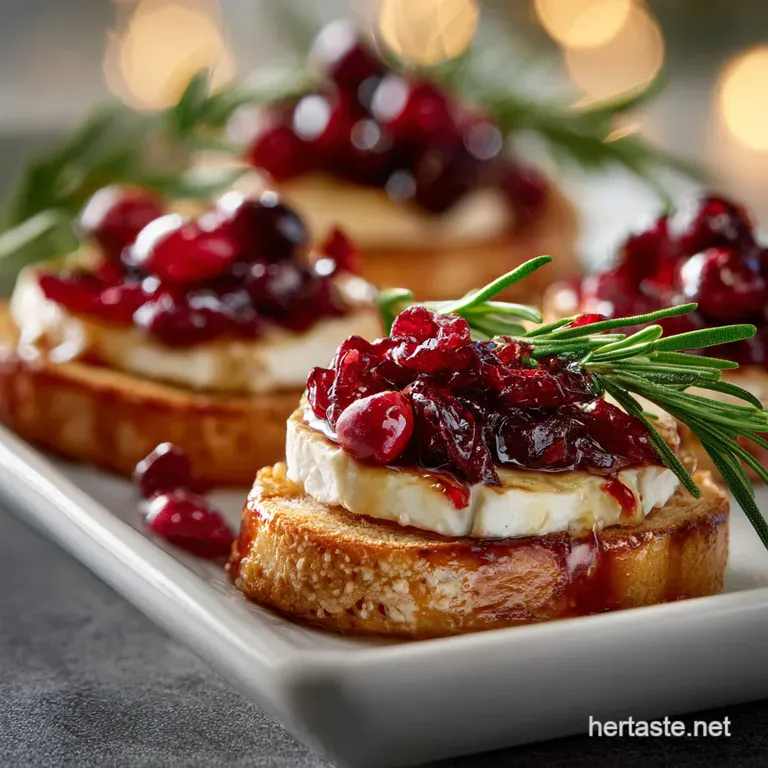 Elegant appetizer plate featuring cranberry and brie bites; flaky pastry, melted cheese, and vibrant cranberry create a fe...