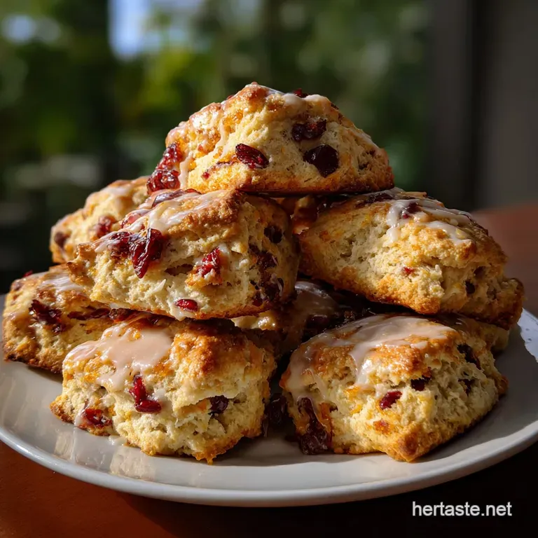 Two flaky scones artfully arranged on a rustic wooden plate, drizzled with orange glaze and a dusting of powdered sugar, i...