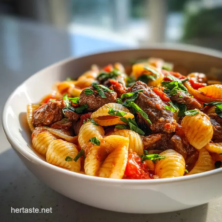 Glossy pasta with rich beef, artfully plated and sprinkled with vibrant herbs. Creamy sauce glistens invitingly under war...