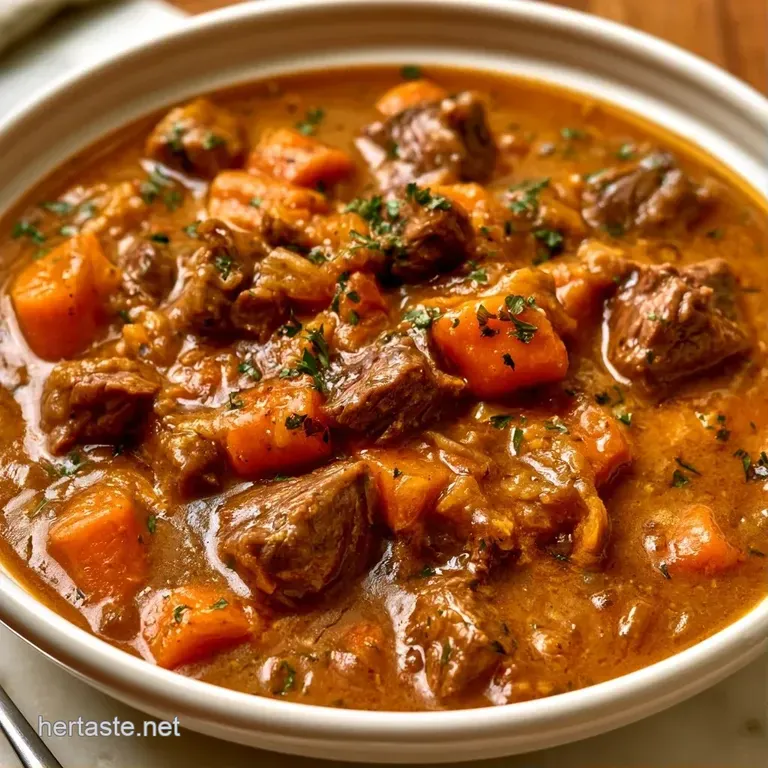 A white ceramic bowl of rich brown stew topped with a swirl of cream and fresh herbs on a rustic wooden table.