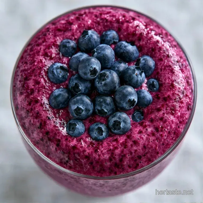 A frosted glass of lavender-hued smoothie garnished with a mint leaf and berries on a white marble surface.
