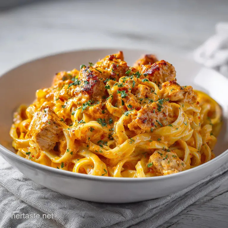 A swirl of buffalo chicken pasta nestled in a rustic bowl, topped with crumbled blue cheese and chives.