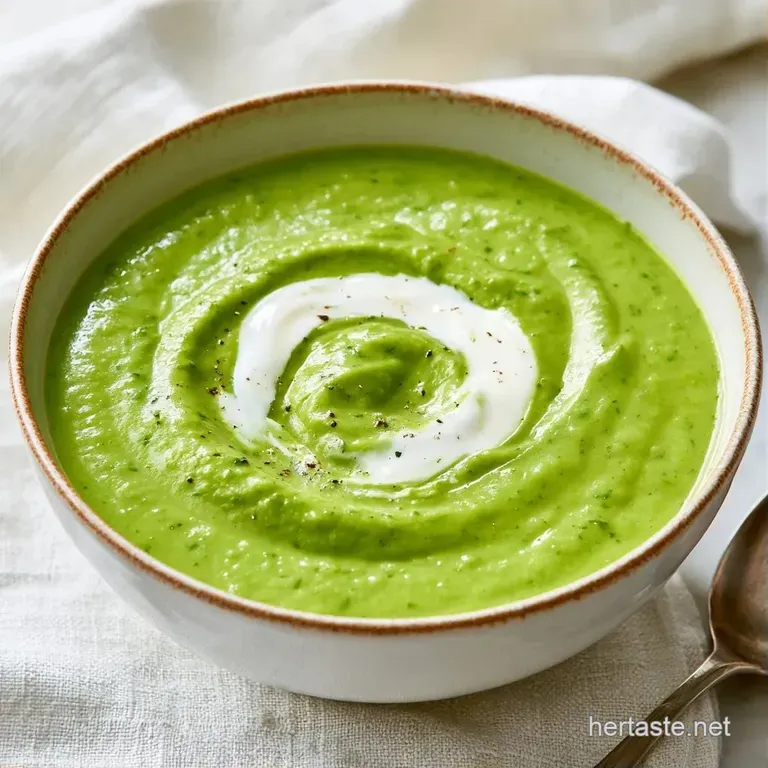 Silky pale green soup in a ceramic bowl topped with a swirl of cream and a sprig of fresh green parsley.