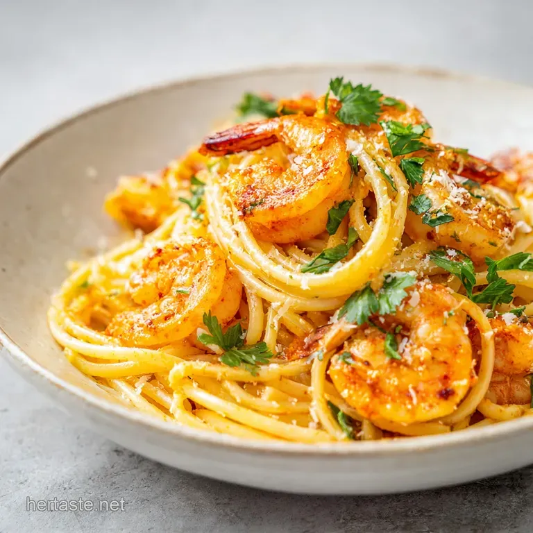 A generous swirl of pasta and plump shrimp, garnished with fresh parsley, elegantly served.